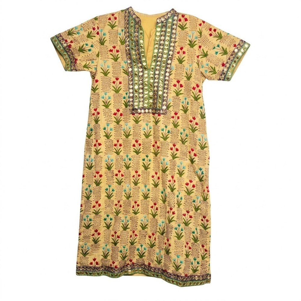 Indian Festival Boho Embroidered Cotton Tunic‎ Dress Gold Yellow Women S/M